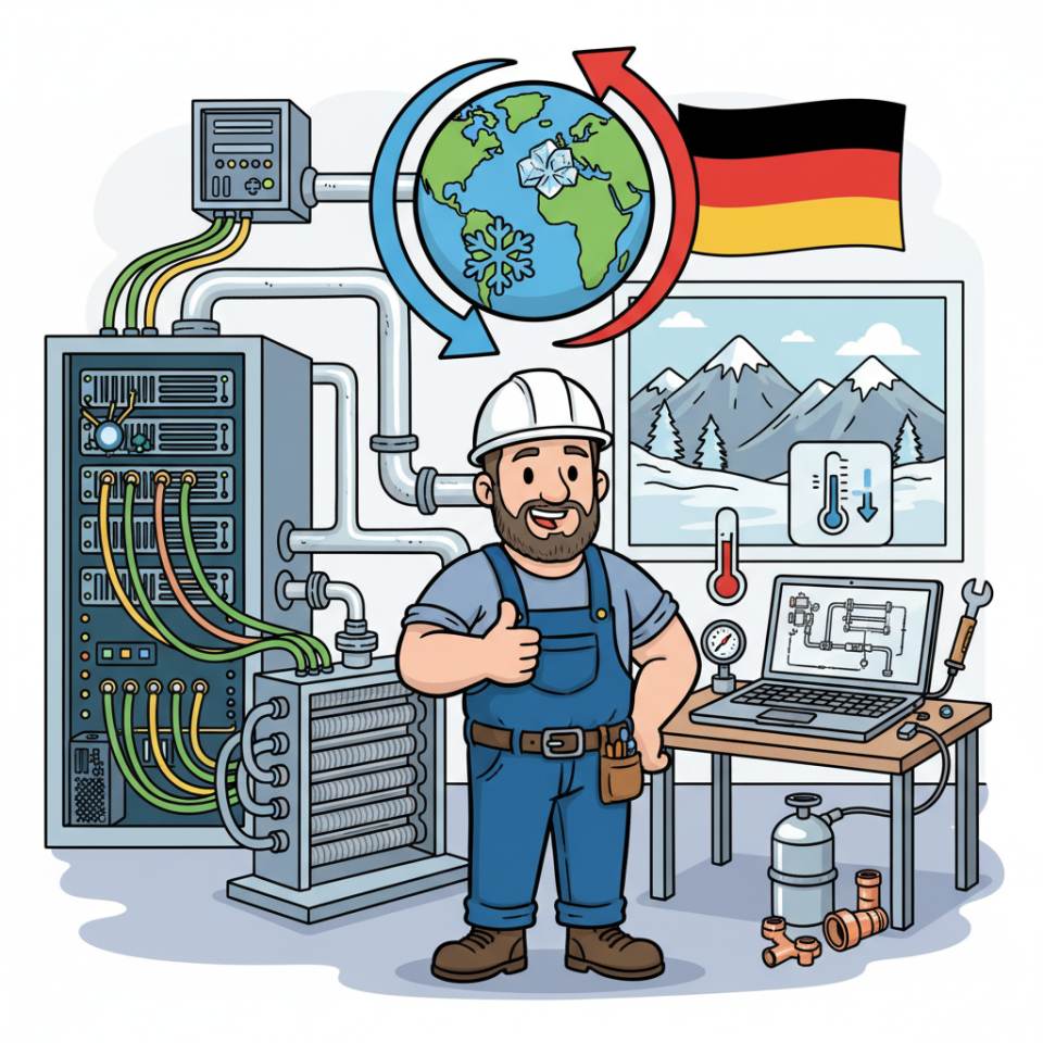 Comic-Darstellung eines Kälteanlagenbauers mit Werkzeug und Kälteanlage im Technikraum