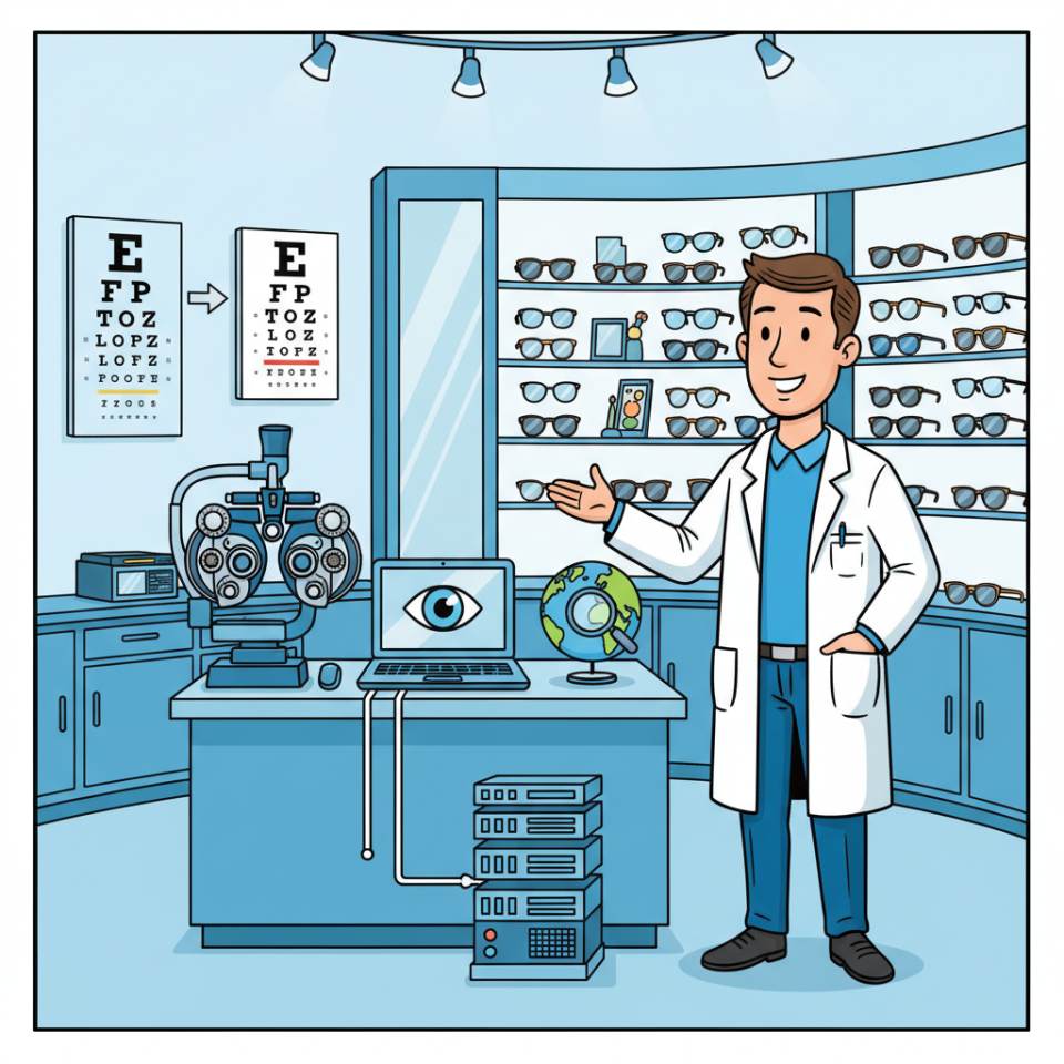 Comic-Darstellung eines Optikers mit Brille, Messgerät und Kontaktlinsen am Beratungsplatz im Fachgeschäft