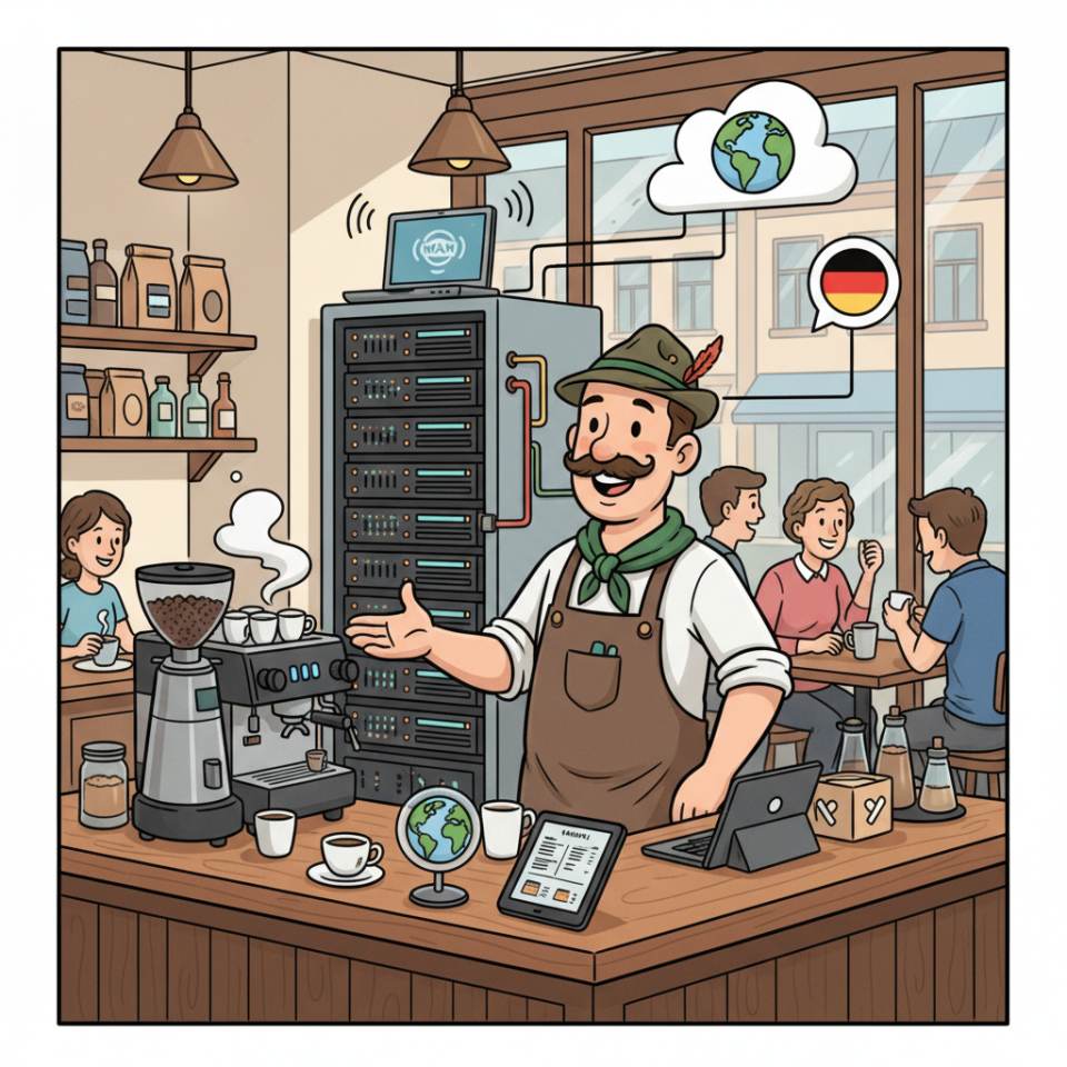 Comic illustration of a barista behind an espresso machine with a milk jug and coffee cup