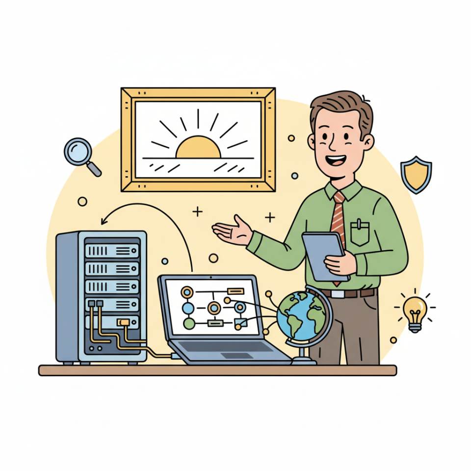 Comic illustration of a specialist assistant at a desk with documents, laptop and phone in a practice or office