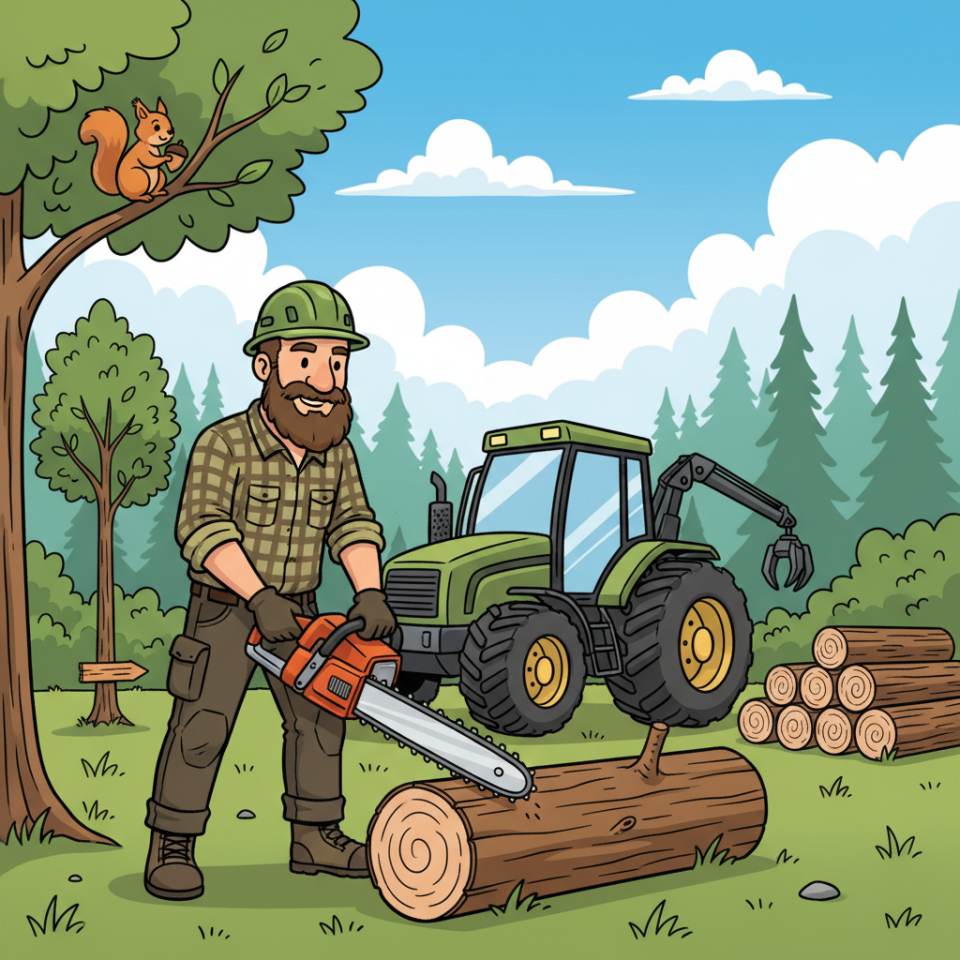 Comic illustration of a forest worker with helmet and chainsaw in the woods