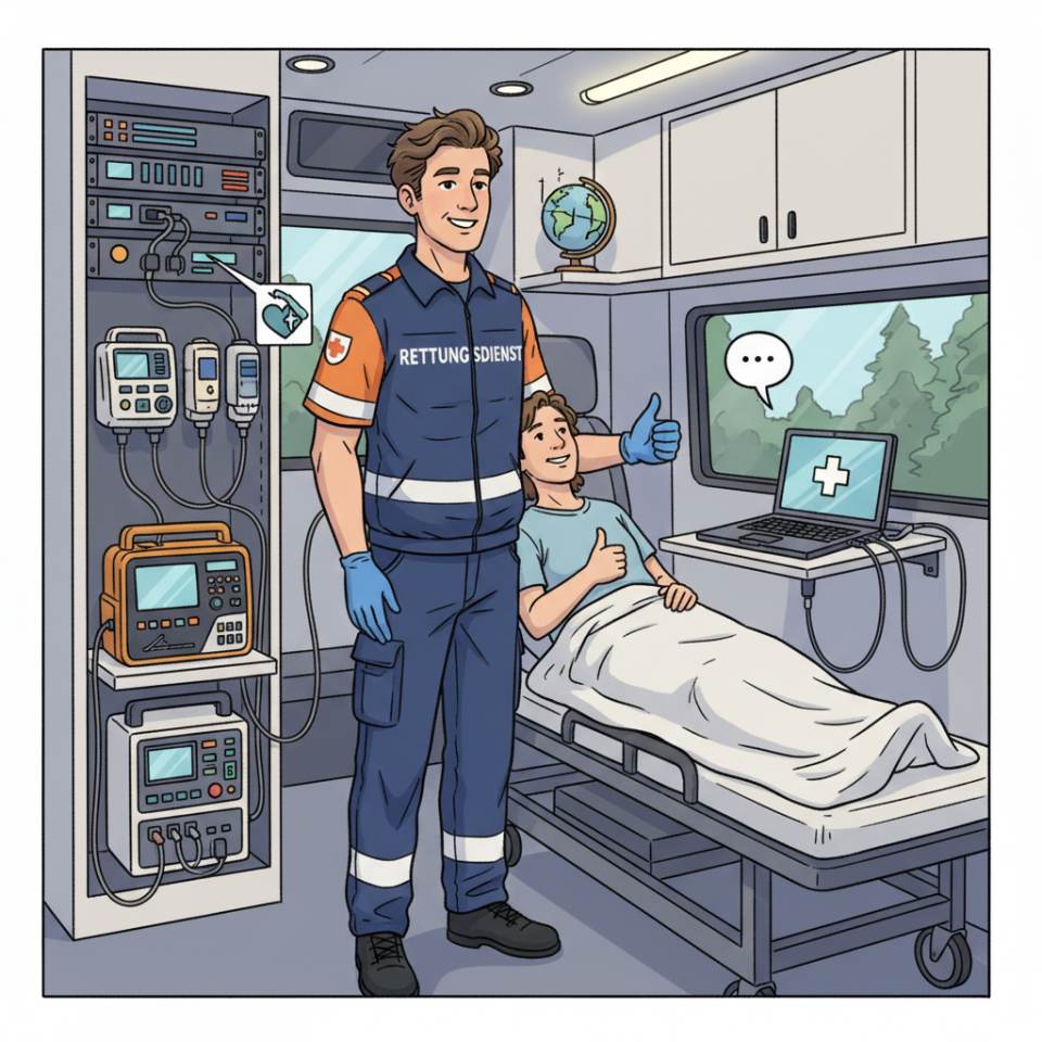 Comic illustration of a Rettungssanitäter with an emergency backpack in front of an ambulance at an incident scene