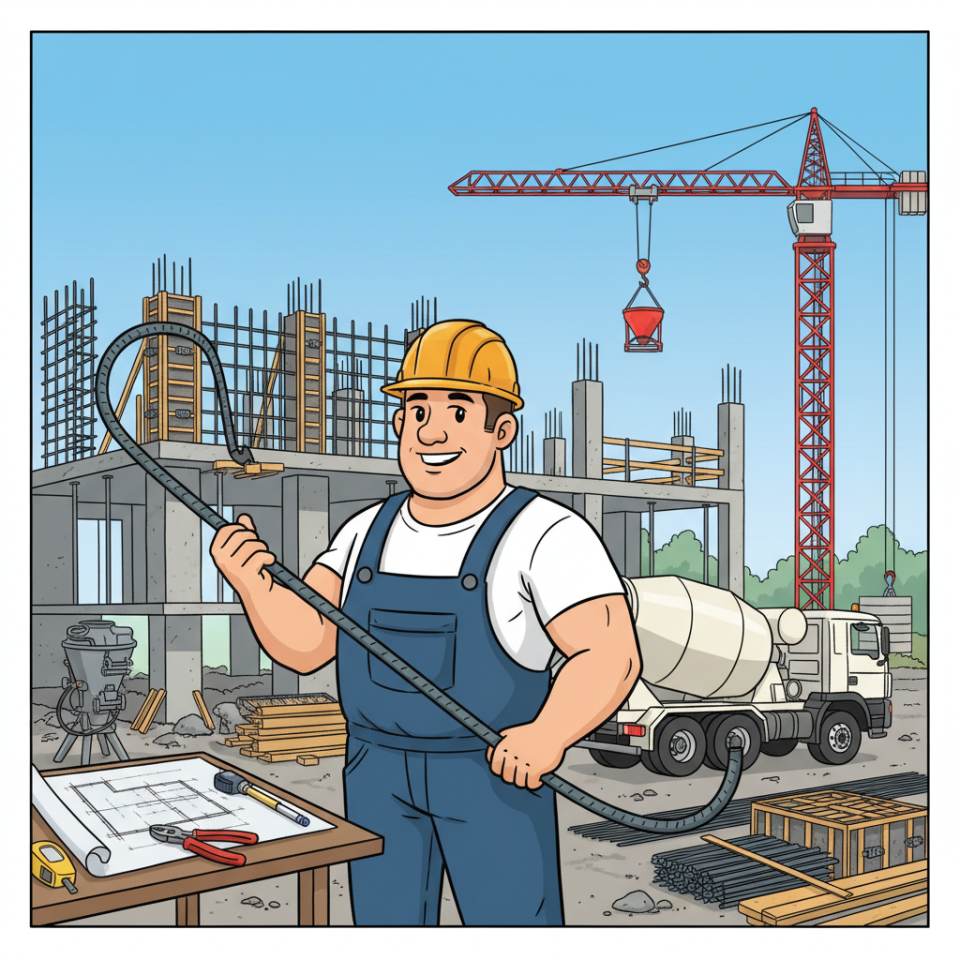 Comic illustration of a reinforced concrete worker with rebar and formwork pouring concrete on a construction site