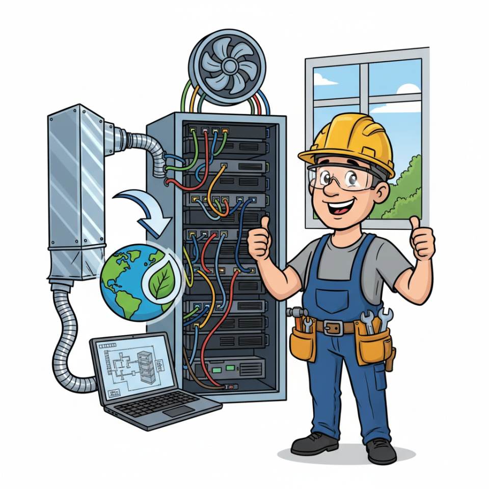 Ilustración tipo cómic de un instalador de ventilación con herramientas y un conducto en una obra