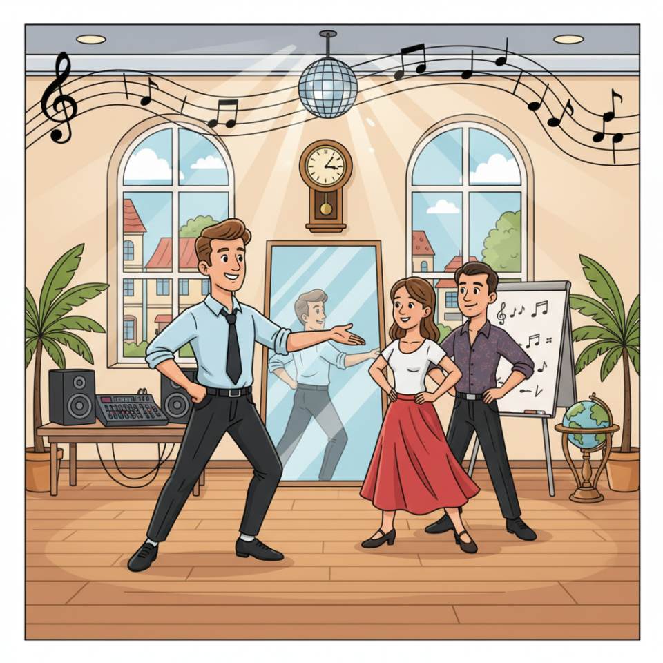 Ilustración tipo cómic de un profesor de baile enseñando a una pareja en un estudio de baile